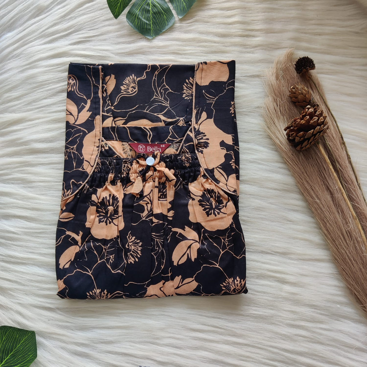 Coffee Brown Floral Printed Premium Cotton Front Elastic Pleated Nighty | Free Size | Chest Width 44″| Length 56″