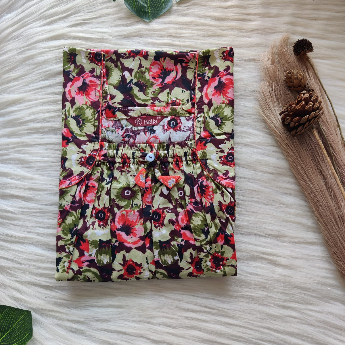 Green And Red Floral Printed Premium Cotton Front Elastic Pleated Nighty | Free Size | Chest Width 44″| Length 56″