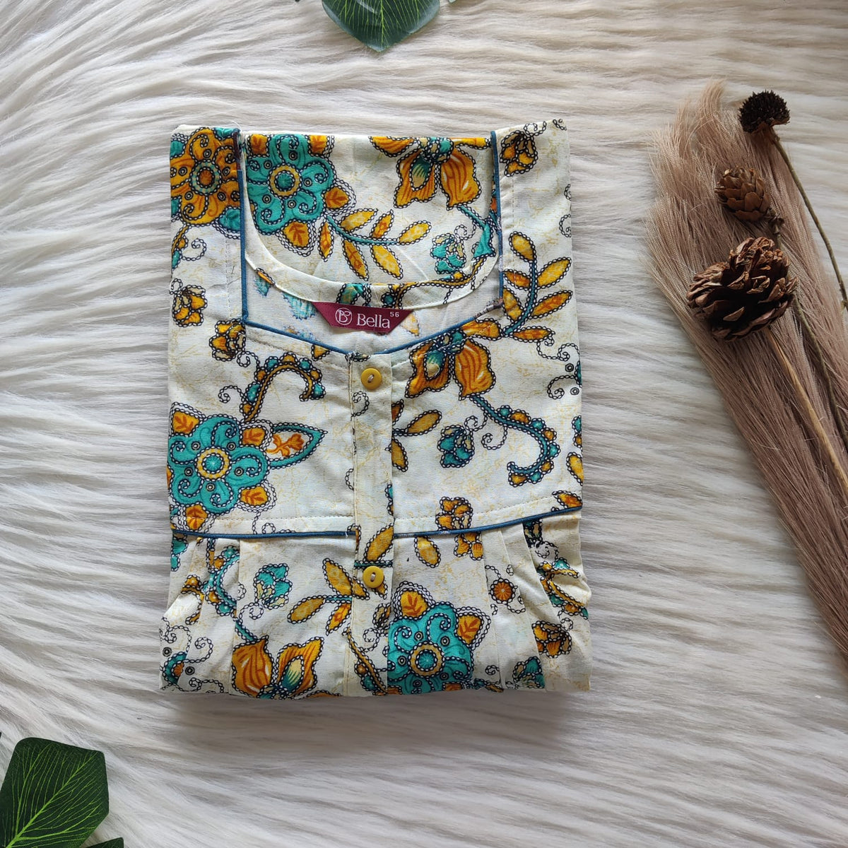 Pale Yellow And Green Floral Printed Premium Cotton Button Zip Nighty | Free Size | Chest Width 44″| Length 55″-56″