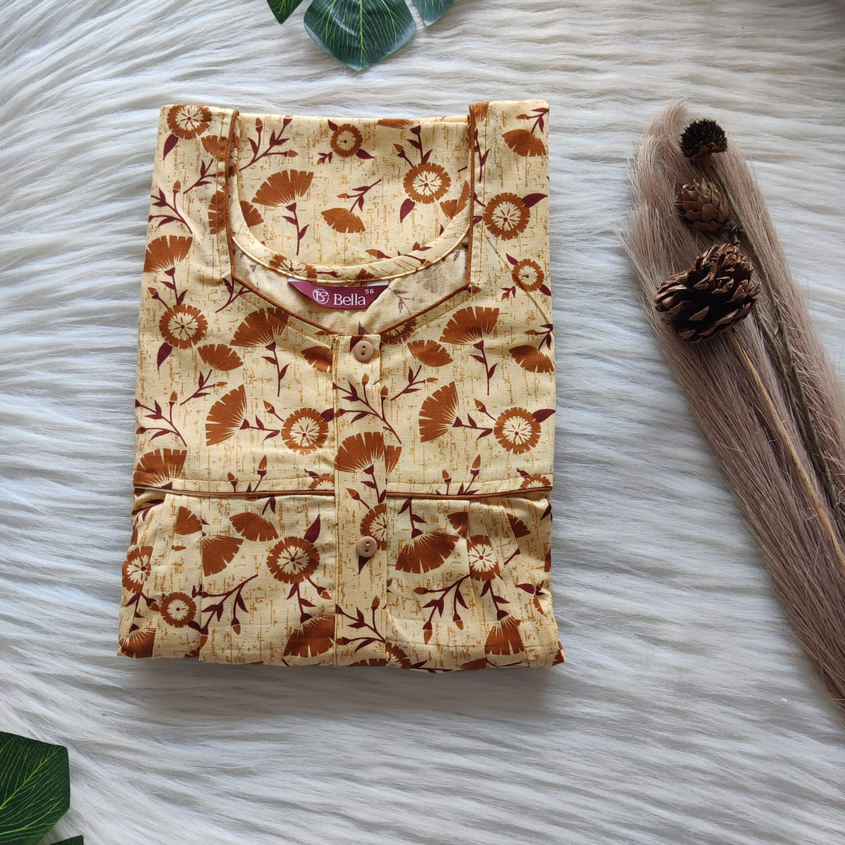 Brown Floral Printed Yellow Premium Cotton Button Zip Nighty | Free Size | Chest Width 44″| Length 55″-56″