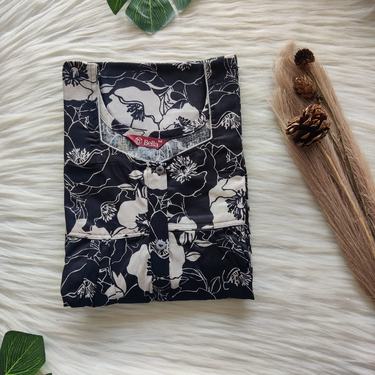 Ash Floral Printed Black Premium Cotton Button Zip Nighty | Free Size | Chest Width 44″| Length 55″-56″
