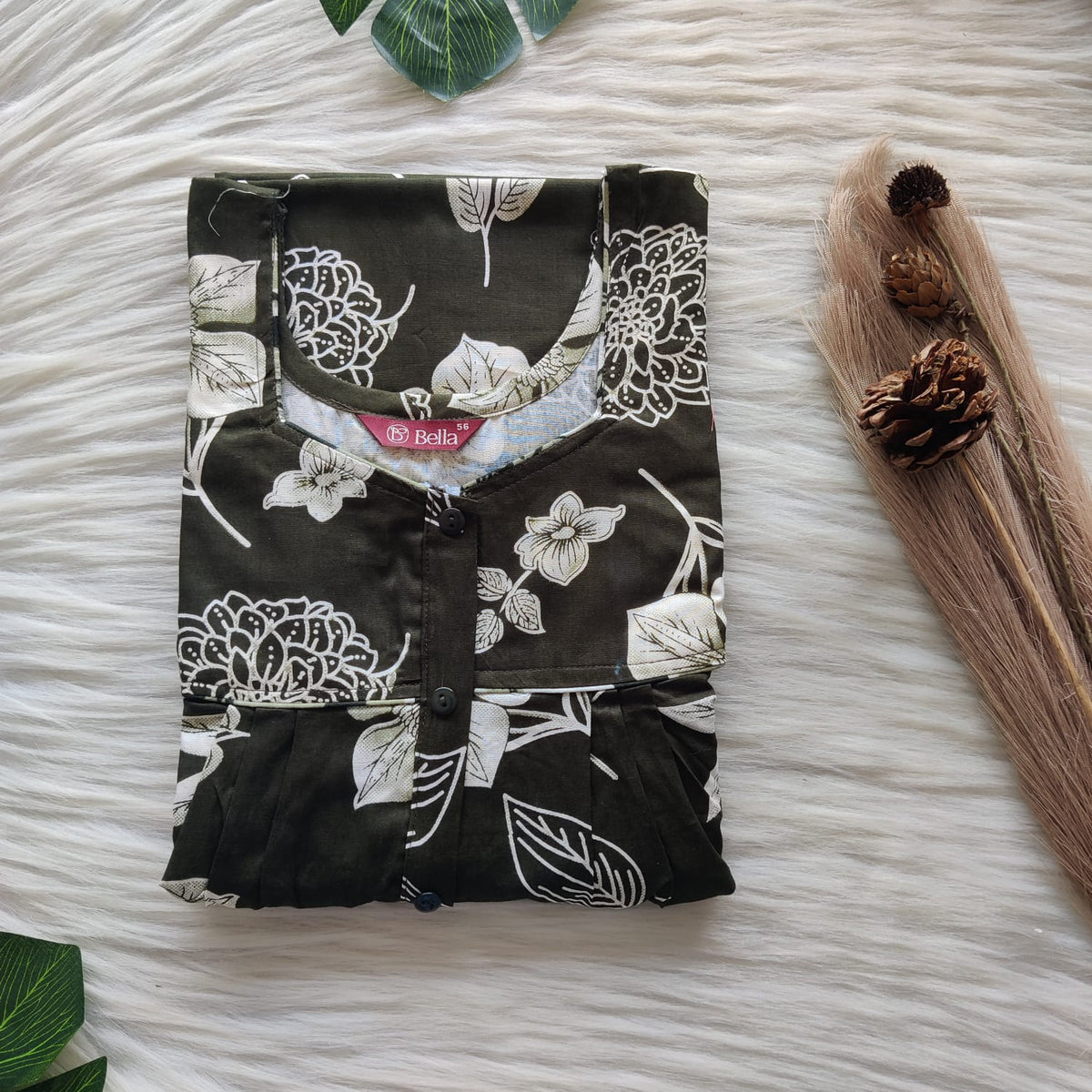 White Floral Printed Dark Green Premium Cotton Button Zip Nighty | Free Size | Chest Width 44″| Length 55″-56″