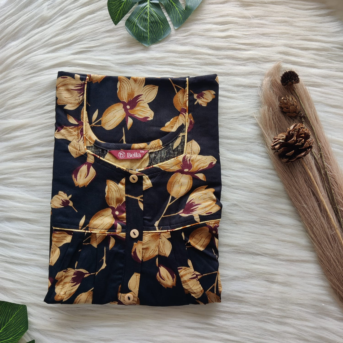 Yellow Floral Printed Black Premium Cotton Button Zip Nighty | Free Size | Chest Width 44″| Length 55″-56″