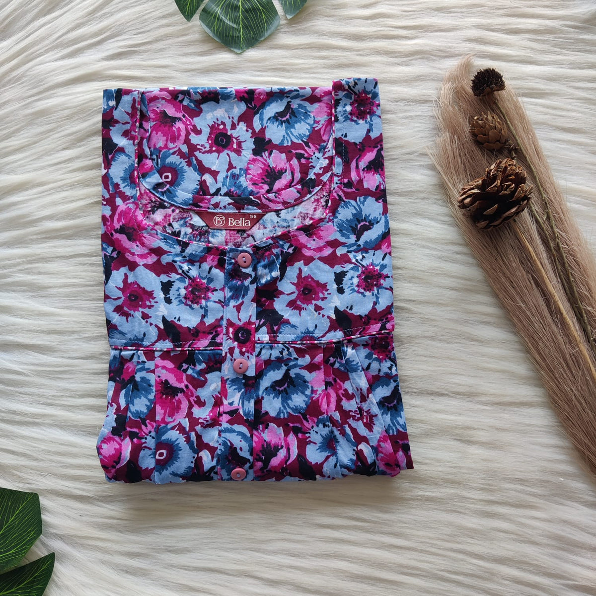 Pink And Blue Floral Printed Premium Cotton Button Zip Nighty | Free Size | Chest Width 44″| Length 55″-56″