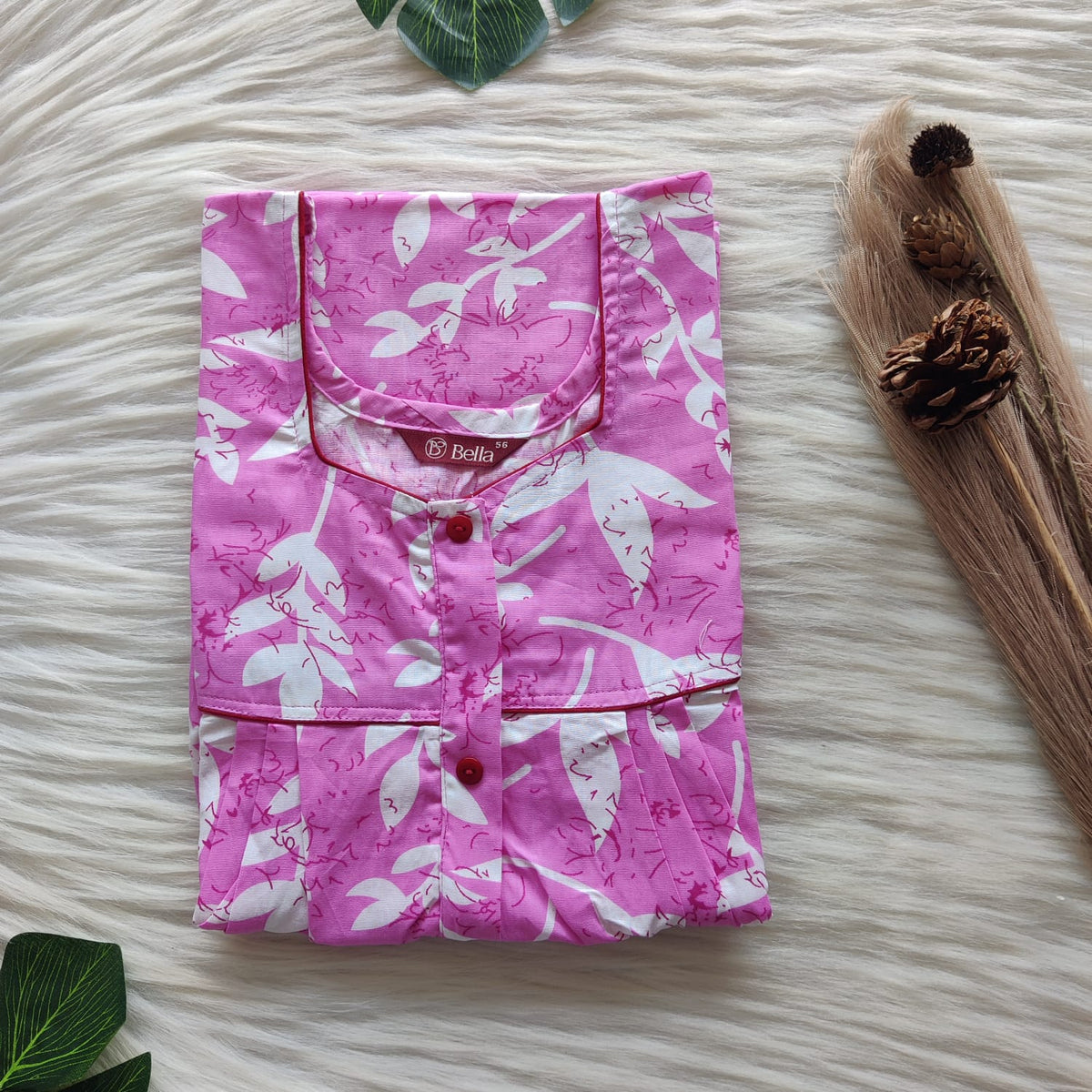 White Leaf Printed Pink Premium Cotton Button Zip Nighty | Free Size | Chest Width 44″| Length 55″-56″