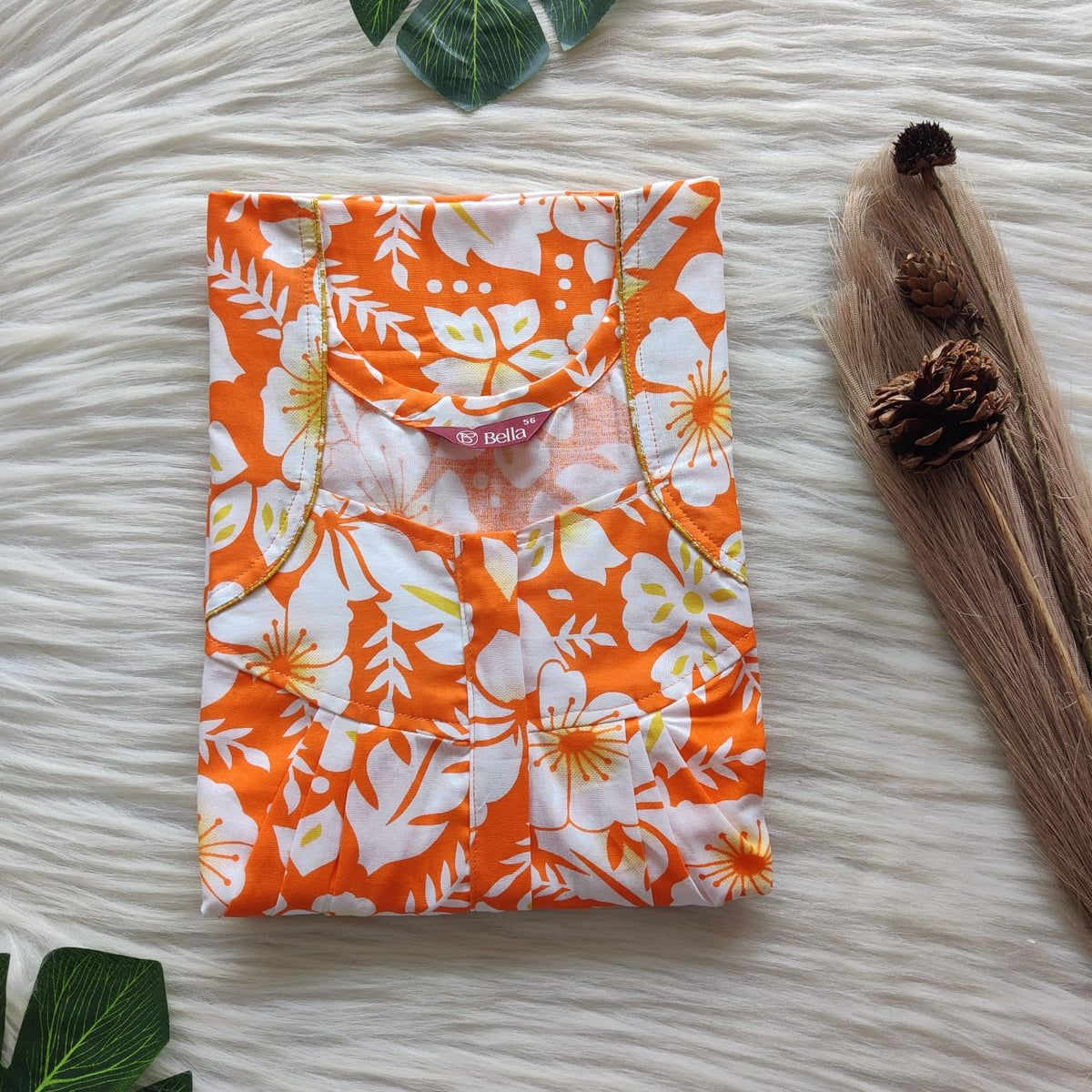 Orange And White Floral Printed Premium Cotton Pleated Zip Nighty | Free Size | Chest Width 44″| Length 54″-55″