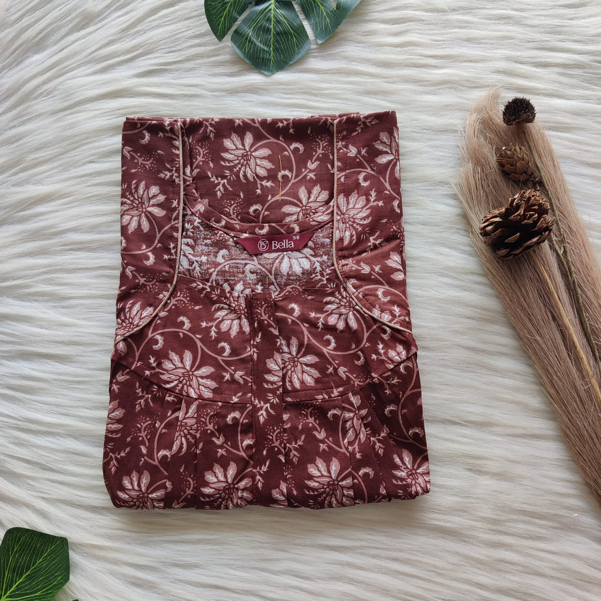 Coffee Brown Floral Printed Premium Cotton Pleated Zip Nighty | Free Size | Chest Width 44″| Length 54″-55″