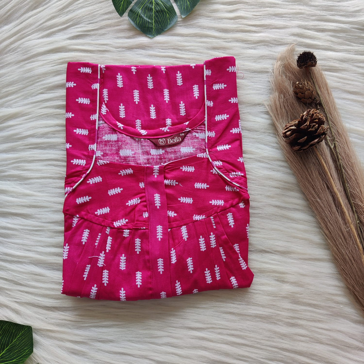 Pink Printed Premium Cotton Pleated Zip Nighty | Free Size | Chest Width 44″| Length 54″-55″