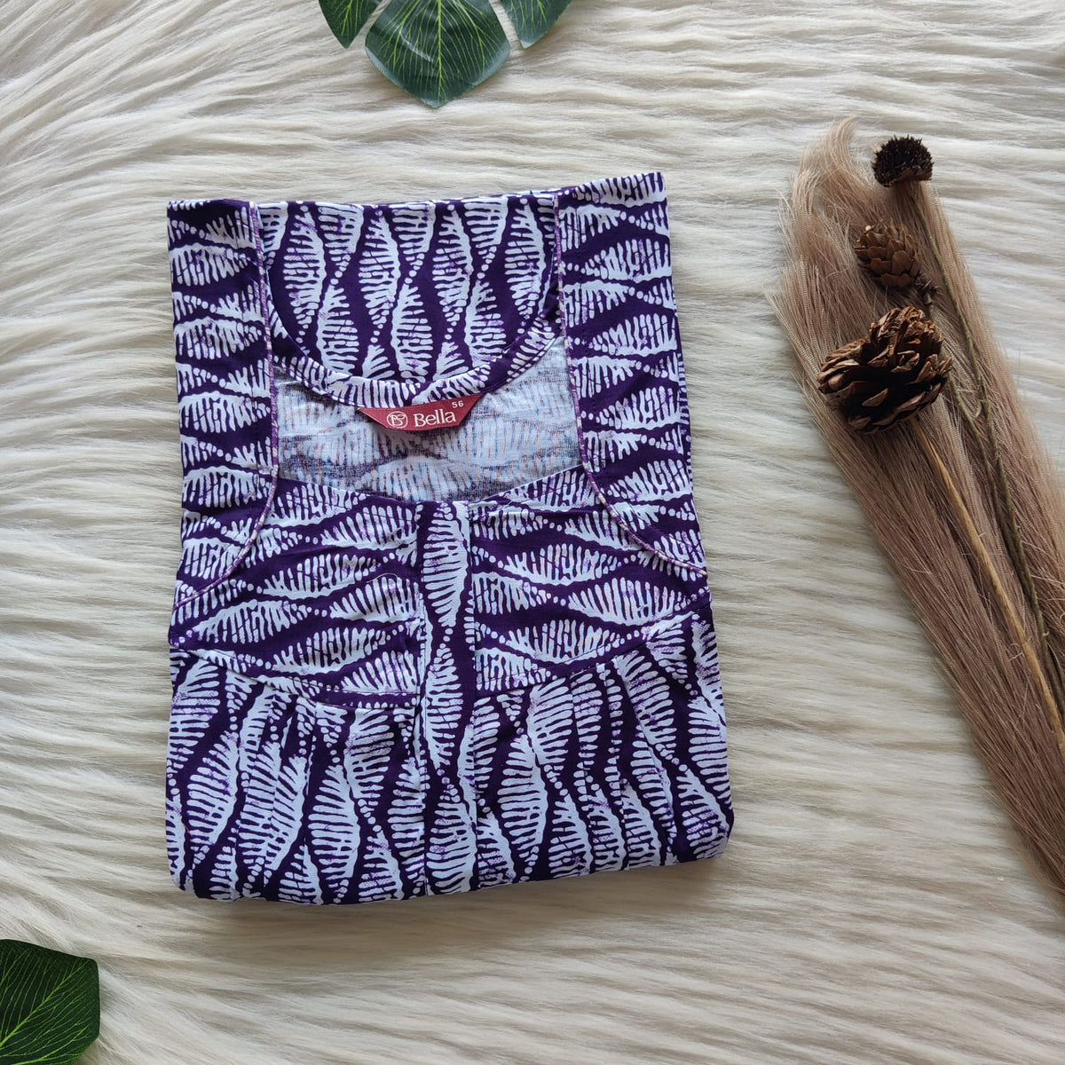 Purple Printed Premium Cotton Pleated Zip Nighty | Free Size | Chest Width 44″| Length 54″-55″