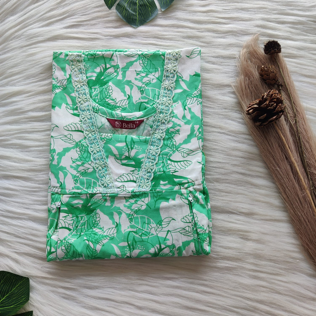White Printed Green Premium Cotton Two Side Vertical Lace Zip Feeding Nighty | Free Size | Chest Width 44″| Length 56″