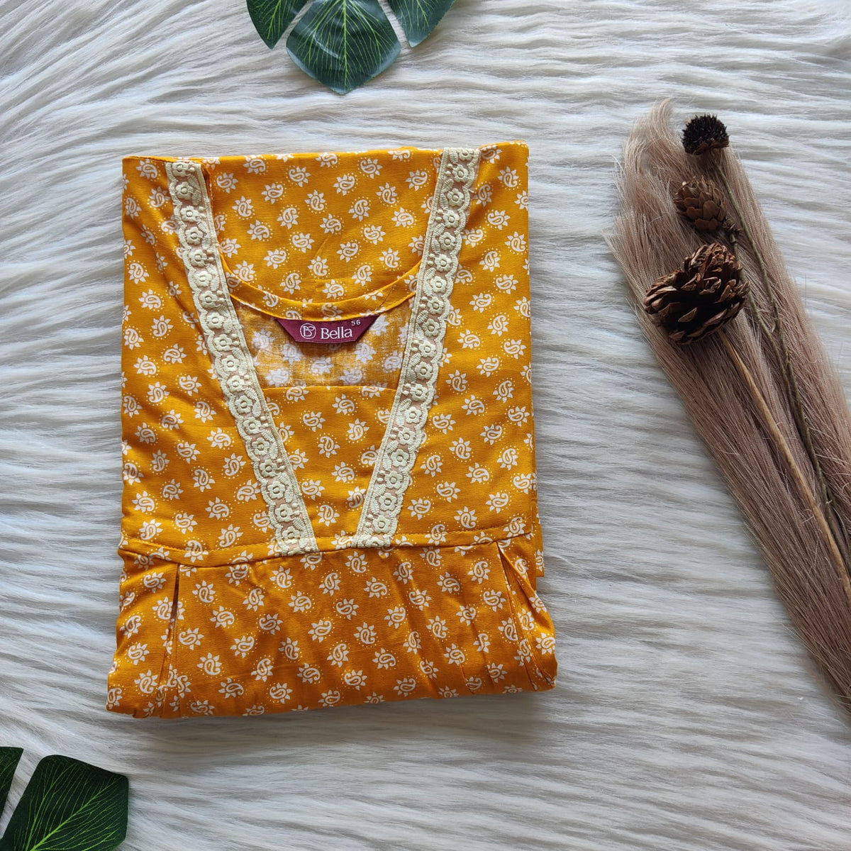 Yellow Kalamkari Printed Premium Cotton Two Side Vertical Lace Zip Feeding Nighty | Free Size | Chest Width 44″| Length 56″