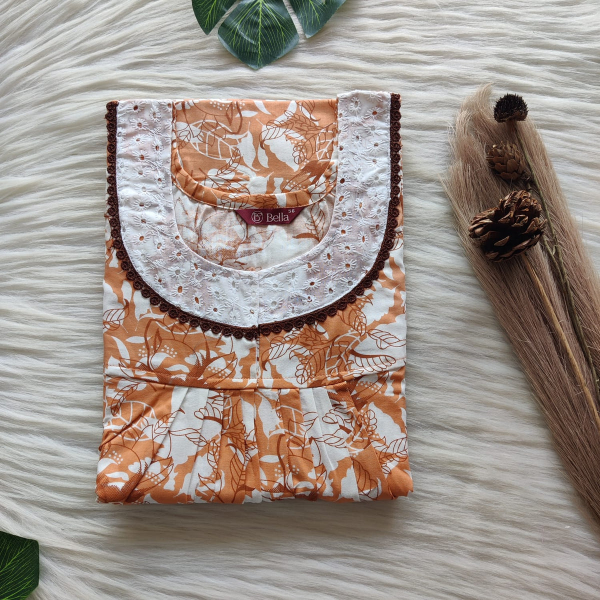 Pale Brown Printed Premium Cotton Hakoba Lace Nighty | Free Size | Chest Width 44″| Length 54″-56″