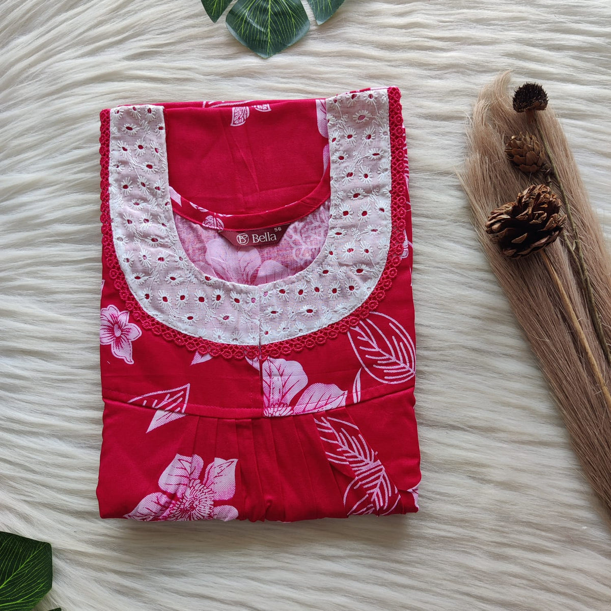Rani Pink Floral Printed Premium Cotton Hakoba Lace Nighty | Free Size | Chest Width 44″| Length 54″-56″