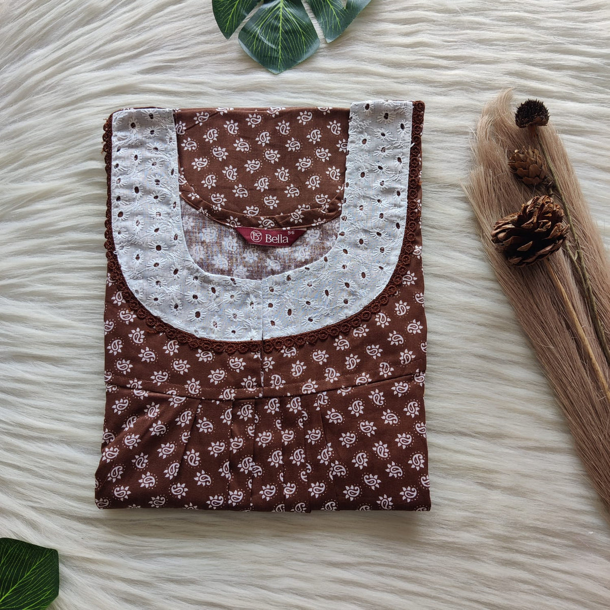 Coffee Brown Printed Premium Cotton Hakoba Lace Nighty | Free Size | Chest Width 44″| Length 54″-56″
