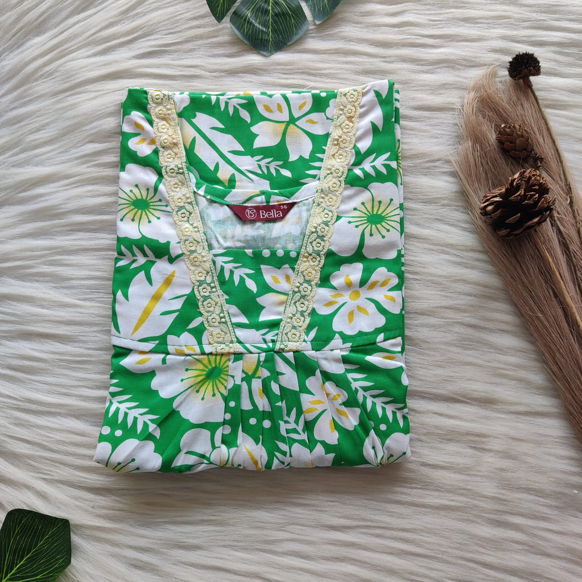 White Floral Printed Green Premium Cotton V-Neck Lace Pleated Nighty | No Zip | Free Size | Chest Width 44″| Length 56″