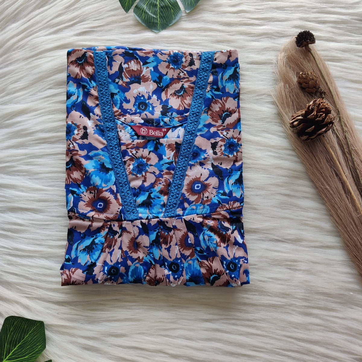 Royal Blue And Brown Floral Printed Premium Cotton V-Neck Lace Pleated Nighty | No Zip | Free Size | Chest Width 44″| Length 56″