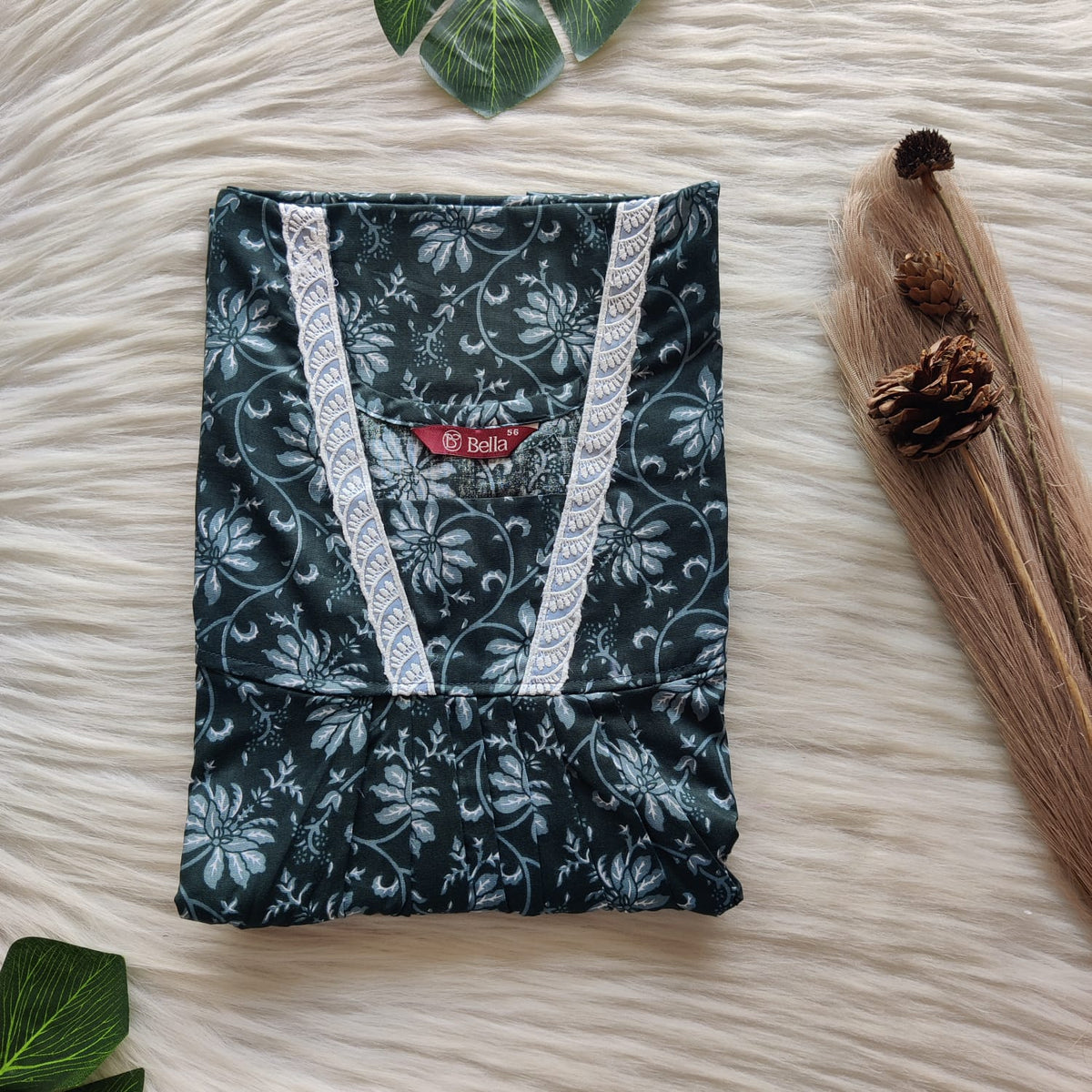 Dark Green Floral Printed Premium Cotton V-Neck Lace Pleated Nighty | No Zip | Free Size | Chest Width 44″| Length 56″