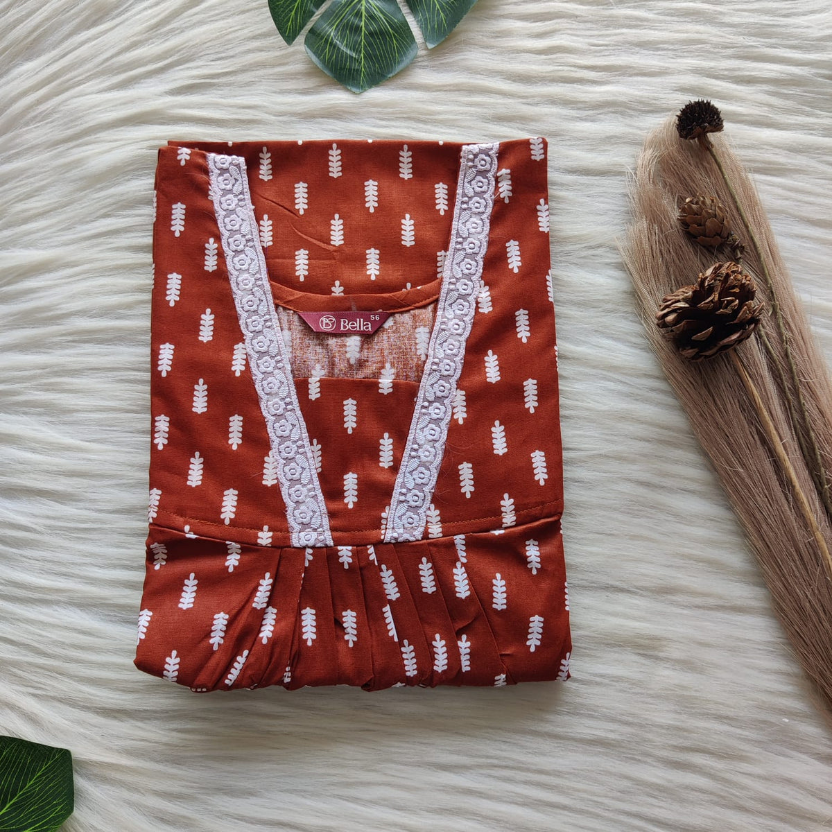 Brown Printed Premium Cotton V-Neck Lace Pleated Nighty | No Zip | Free Size | Chest Width 44″| Length 56″