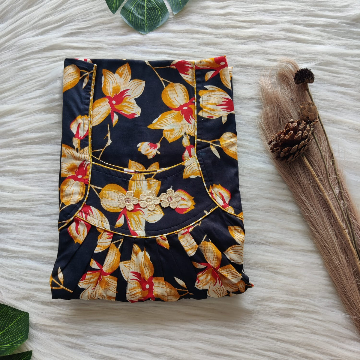 Yellow Floral Printed Black Premium Cotton Three Flower Nighty |Free Size | Chest Width 44"| Length 54"-55"