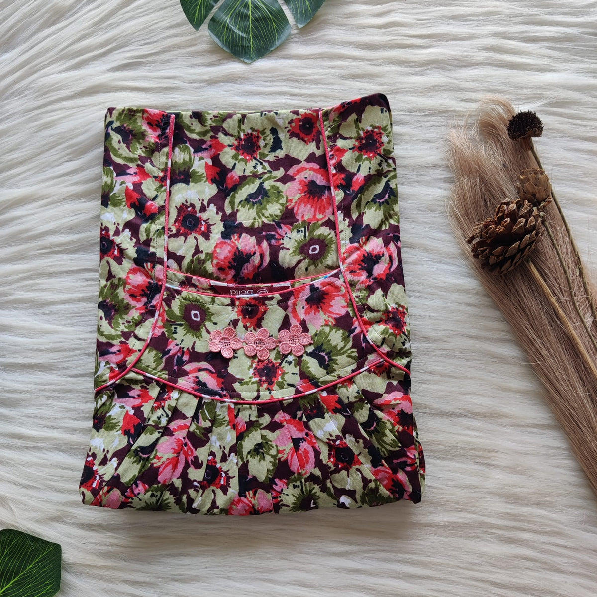 Green And Red Floral Printed Premium Cotton Three Flower Nighty |Free Size | Chest Width 44"| Length 54"-55"