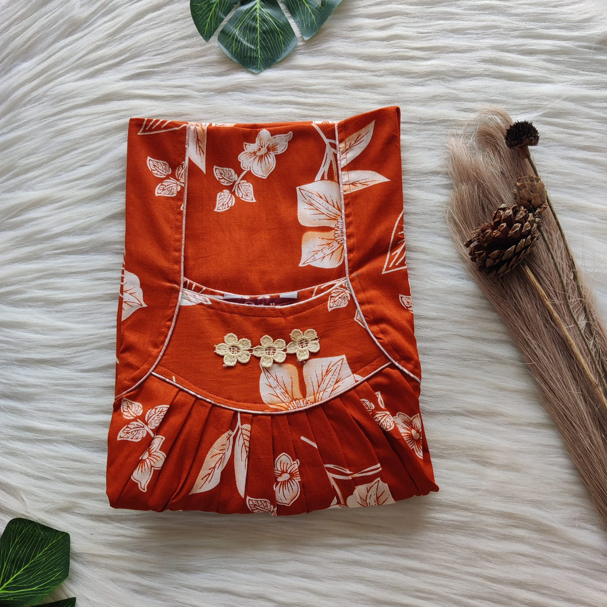 Brick Orange Printed Premium Cotton Three Flower Nighty |Free Size | Chest Width 44"| Length 54"-55"