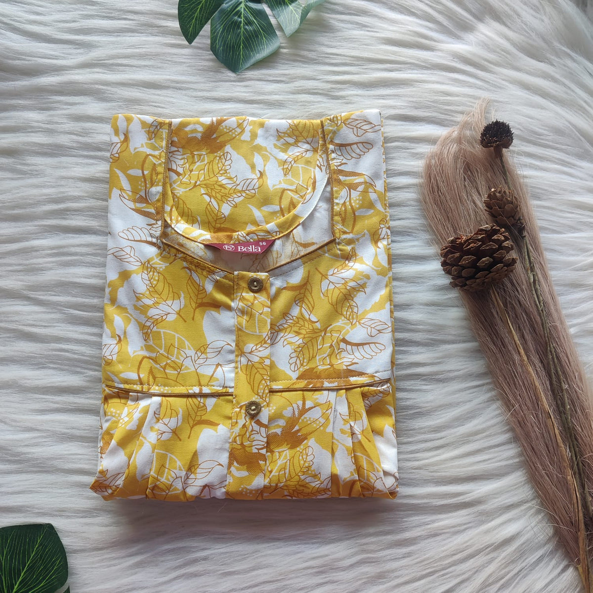 White Printed Yellow Premium Cotton Button Zip Nighty | Free Size | Chest Width 44″| Length 55″-56″