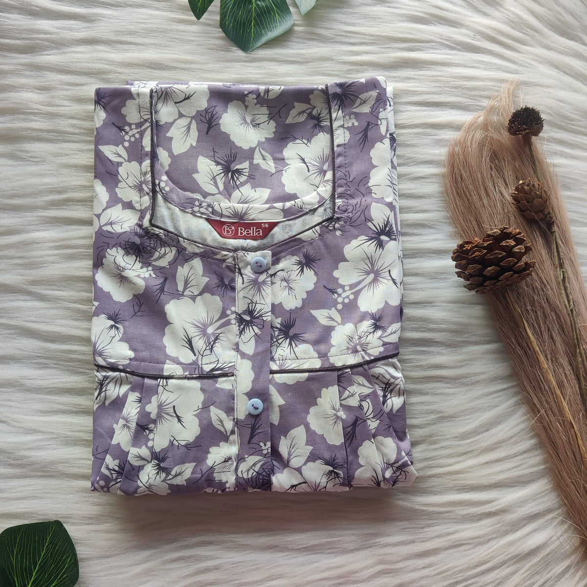 White Floral Printed Pastel Purple Premium Cotton Button Zip Nighty | Free Size | Chest Width 44″| Length 55″-56″