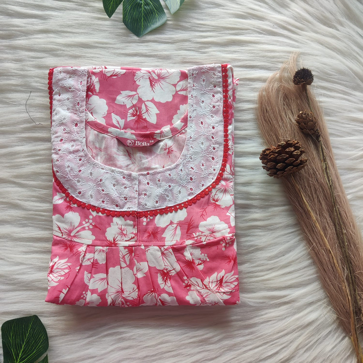 White Floral Printed Pink Premium Cotton Hakoba Lace Nighty | Free Size | Chest Width 44″| Length 54″-56″