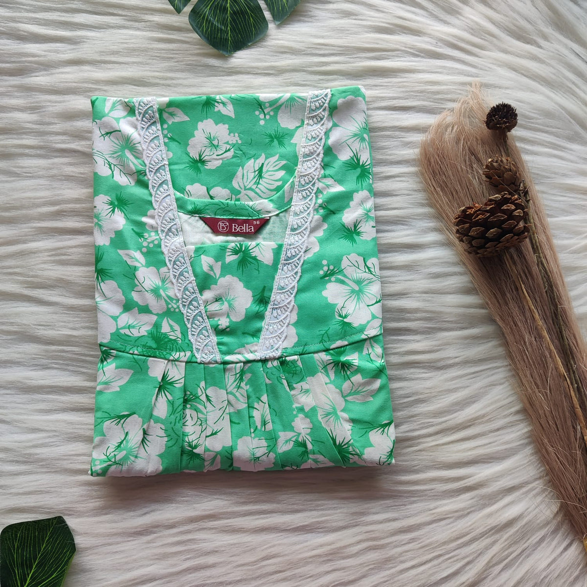White Floral Printed Green Premium Cotton V-Neck Lace Pleated Nighty | No Zip | Free Size | Chest Width 44″| Length 56″