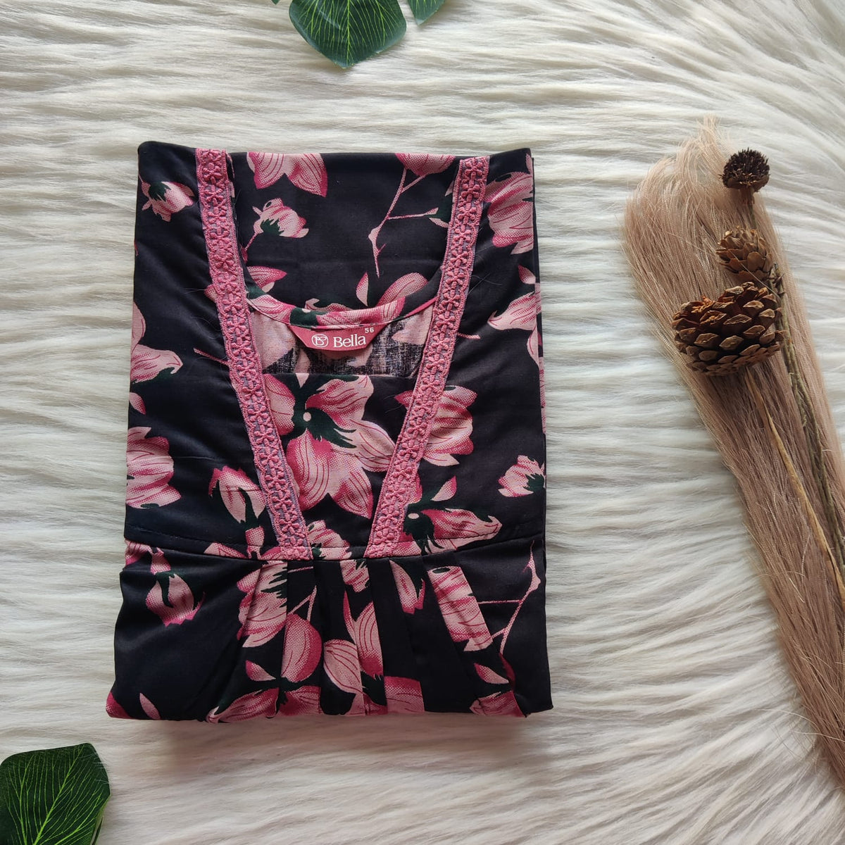 Mauve Floral Printed Black Premium Cotton V-Neck Lace Pleated Nighty | No Zip | Free Size | Chest Width 44″| Length 56″