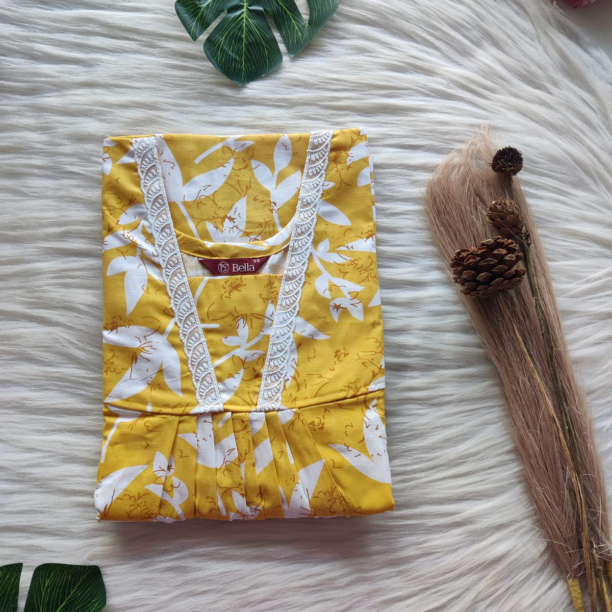 White Leaf Printed Yellow Premium Cotton V-Neck Lace Pleated Nighty | No Zip | Free Size | Chest Width 44″| Length 56″