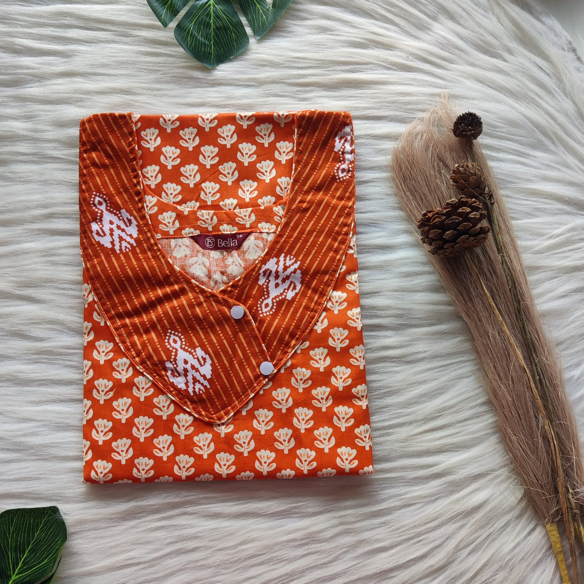 White Floral Printed Orange Premium Cotton Side Button Nighty | Free Size | Chest Width 44″| Length 55″-56″
