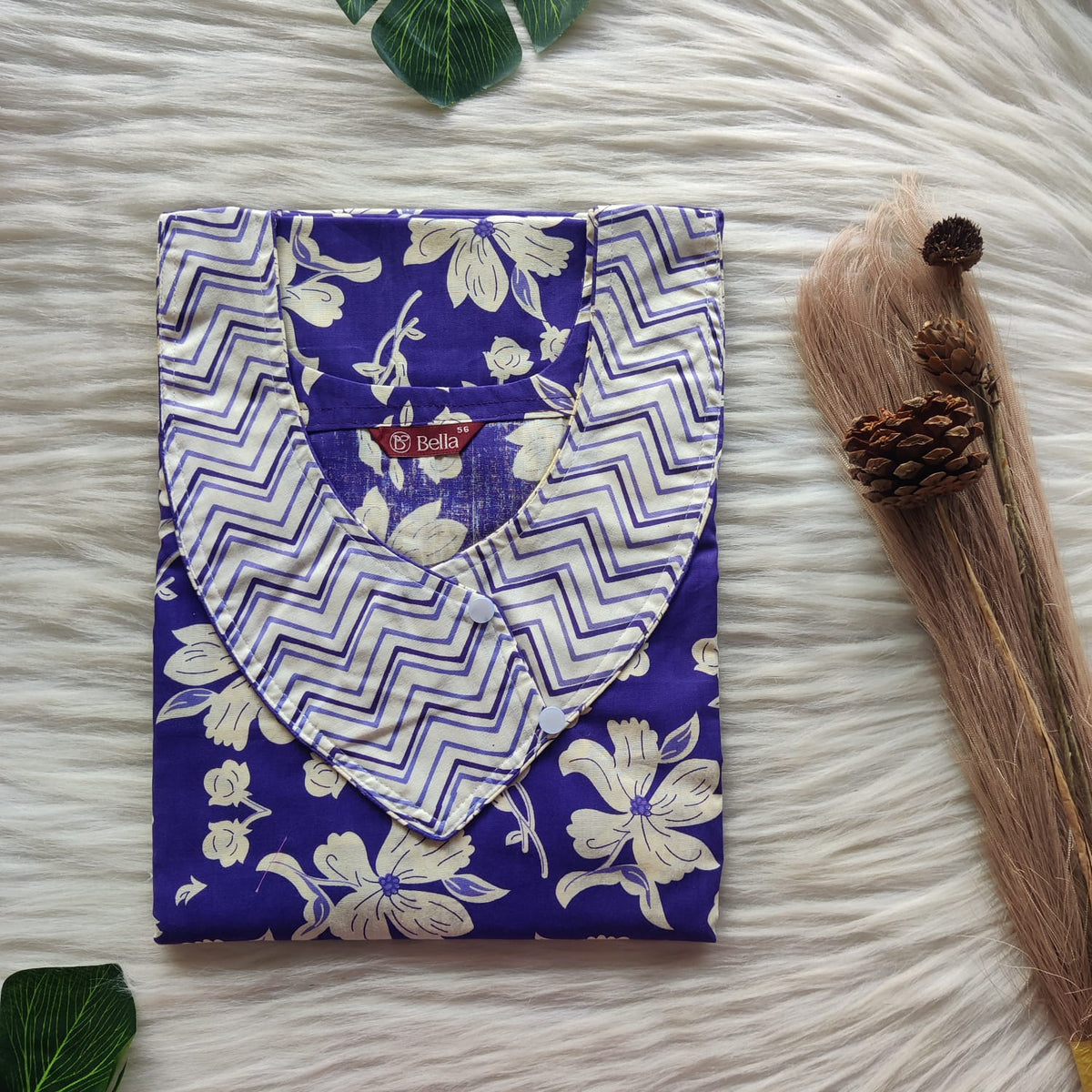 White Floral Printed Violet Premium Cotton Side Button Nighty | Free Size | Chest Width 44″| Length 55″-56″
