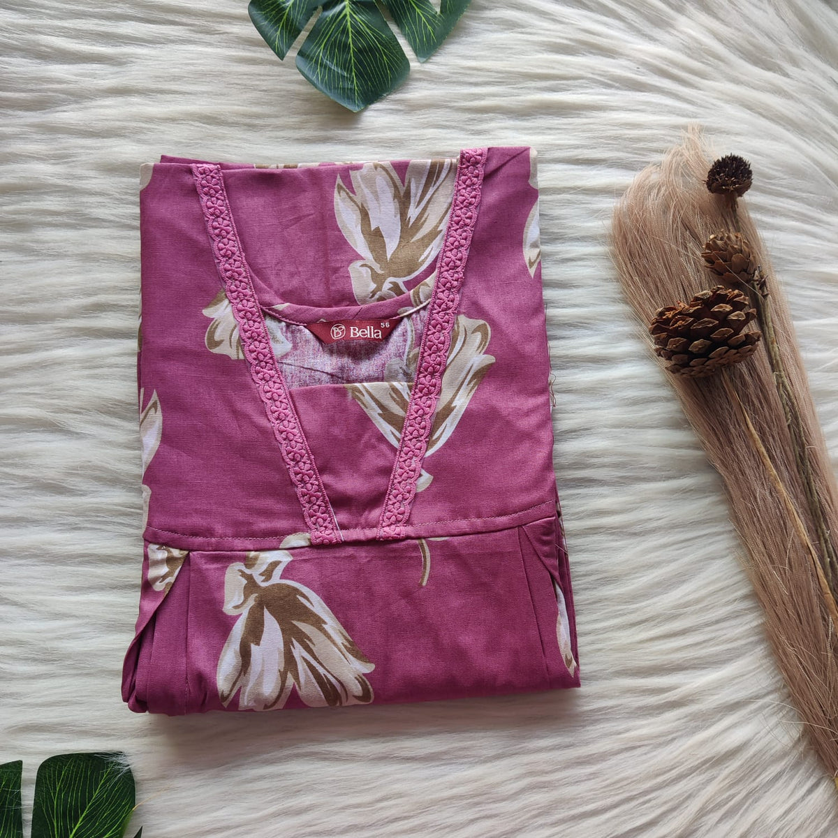 Mauve Floral Printed Premium Cotton Two Side Vertical Lace Zip Feeding Nighty | Free Size | Chest Width 44″| Length 56″