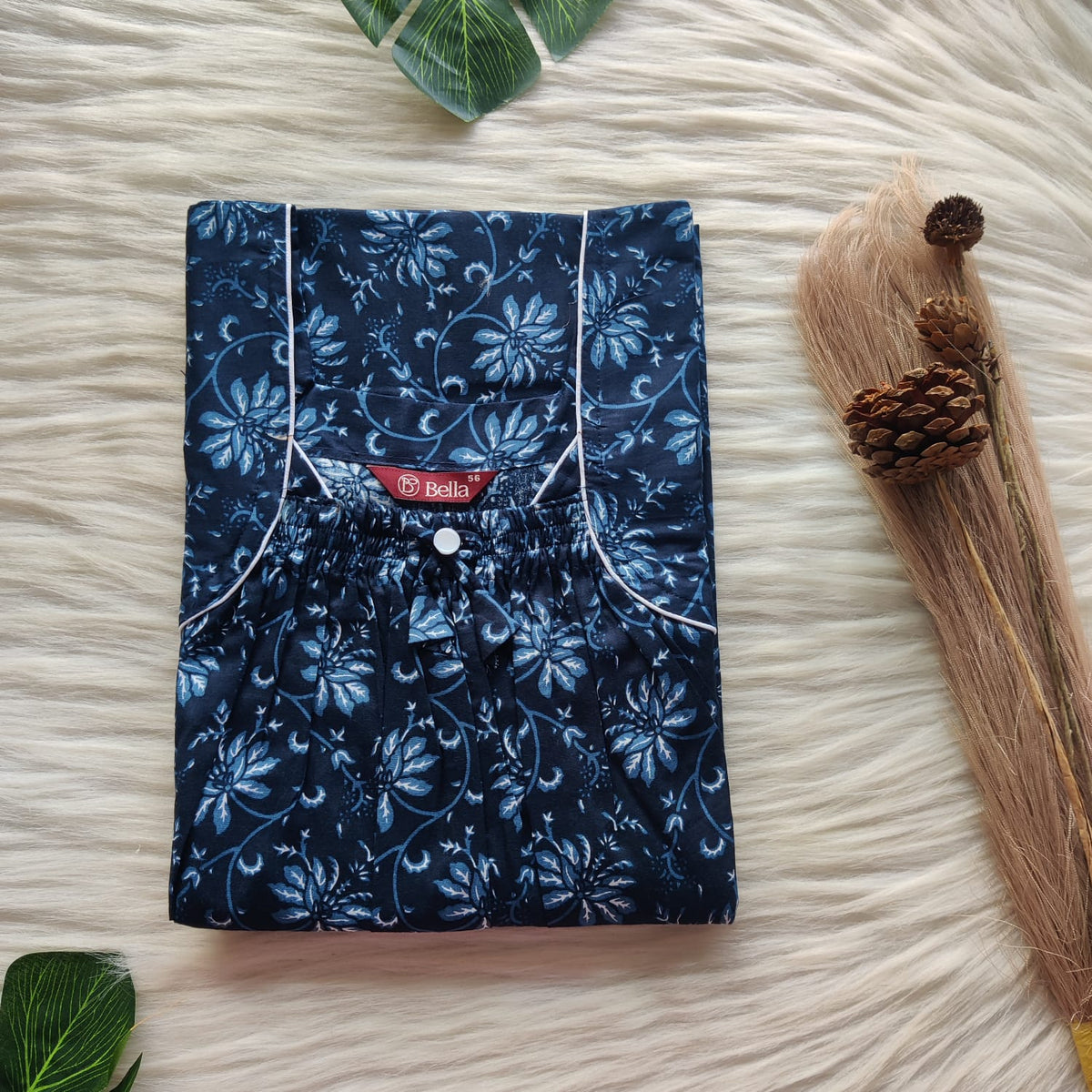 Navy Blue Floral Printed Premium Cotton Front Elastic Pleated Nighty | Free Size | Chest Width 44″| Length 56″