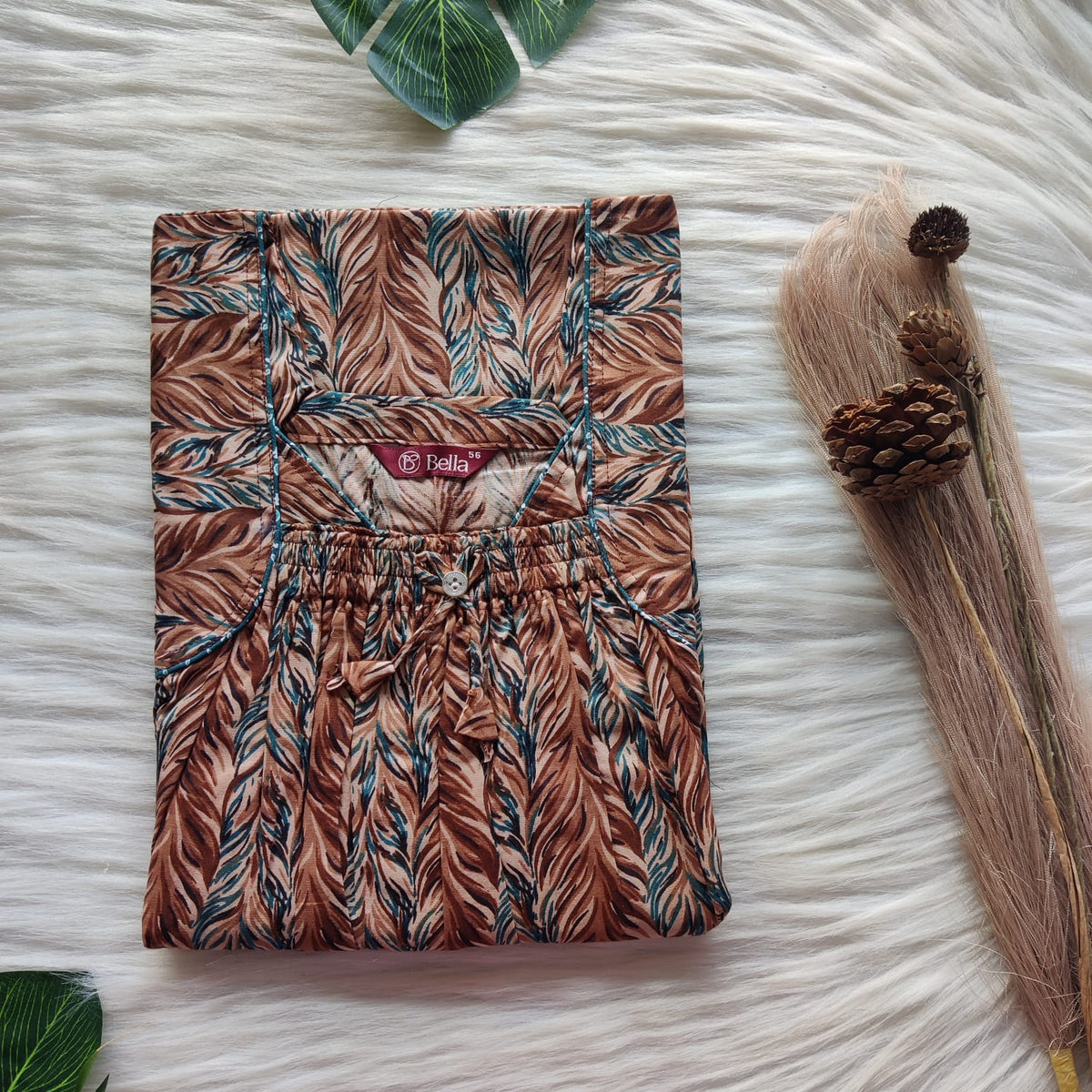 Brown Printed Premium Cotton Front Elastic Pleated Nighty | Free Size | Chest Width 44″| Length 56″