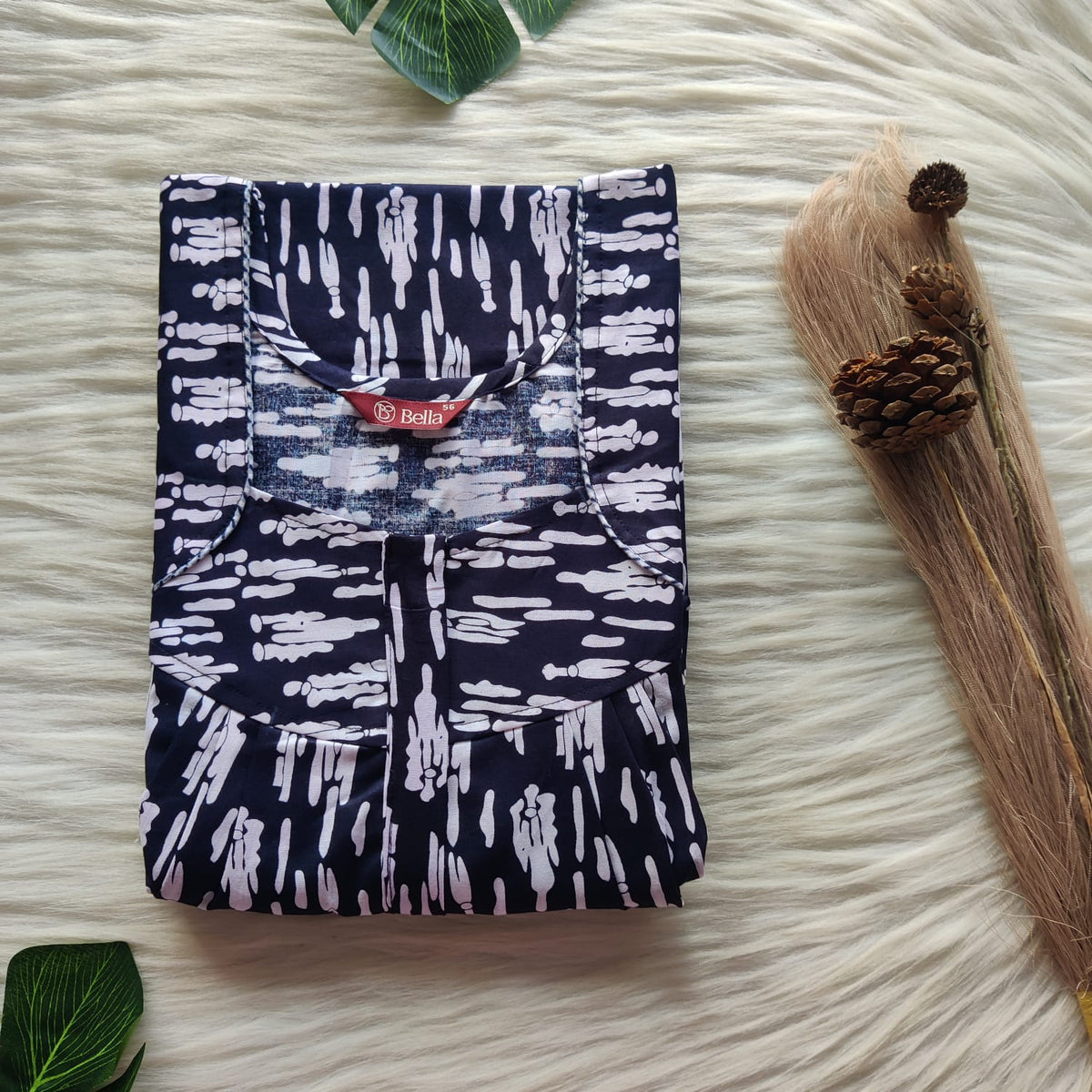 Navy Blue And White Printed Premium Cotton Pleated Zip Nighty | Free Size | Chest Width 44″| Length 54″-55″