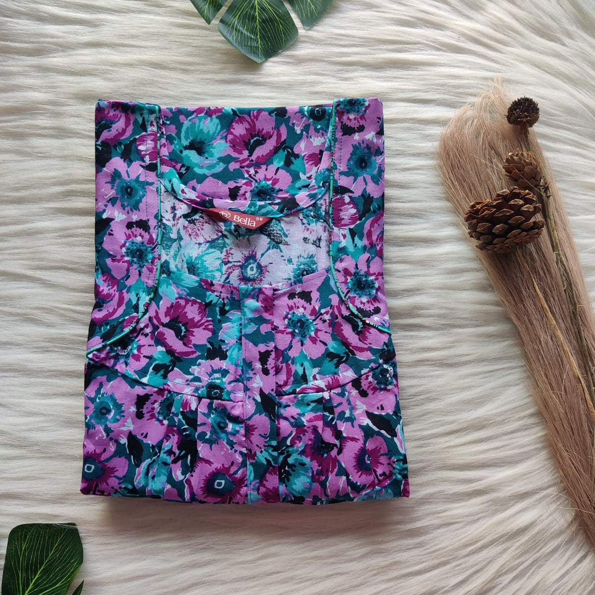 Pink Floral Printed Blue Premium Cotton Pleated Zip Nighty | Free Size | Chest Width 44″| Length 54″-55″