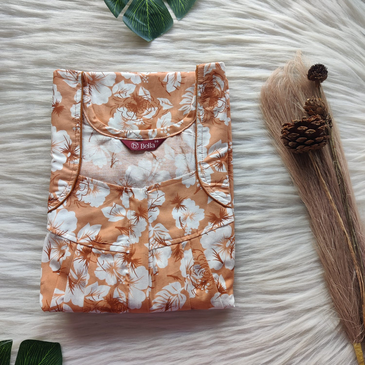 Orange Printed Premium Cotton Pleated Zip Nighty | Free Size | Chest Width 44″| Length 54″-55″