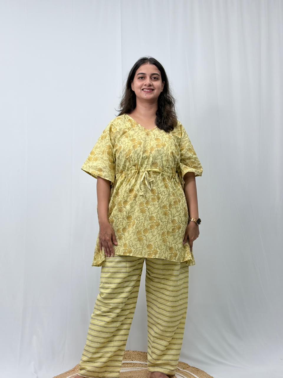 Pale Yellow Floral Printed Kantha Cotton Feeding Kaftan Loungewear Pyjama Set | Free Size