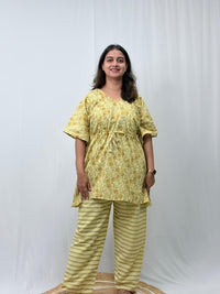 Pale Yellow Floral Printed Kantha Cotton Feeding Kaftan Loungewear Pyjama Set | Free Size