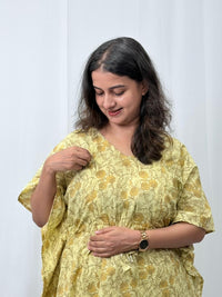 Pale Yellow Floral Printed Kantha Cotton Feeding Kaftan Loungewear Pyjama Set | Free Size