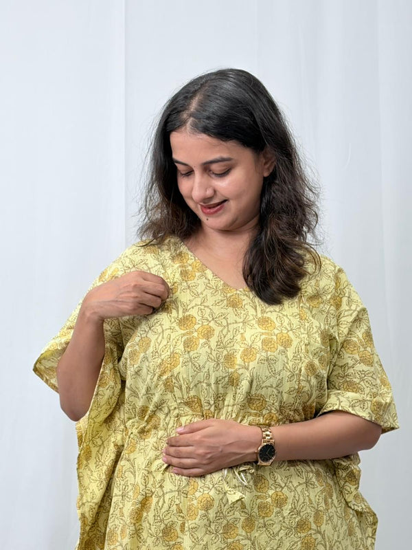Pale Yellow Floral Printed Kantha Cotton Feeding Kaftan Loungewear Pyjama Set | Free Size