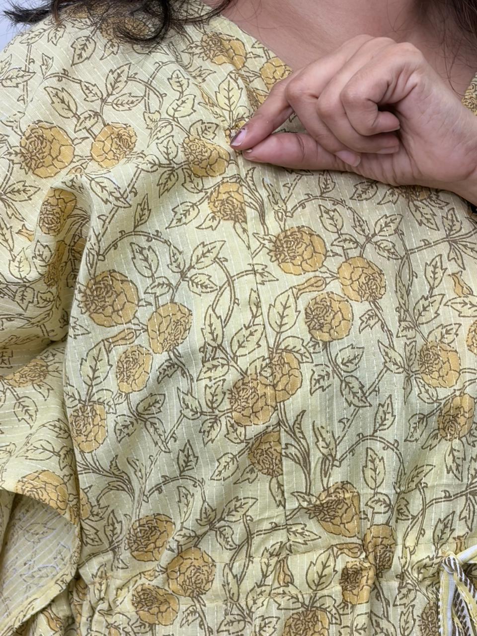 Pale Yellow Floral Printed Kantha Cotton Feeding Kaftan Loungewear Pyjama Set | Free Size