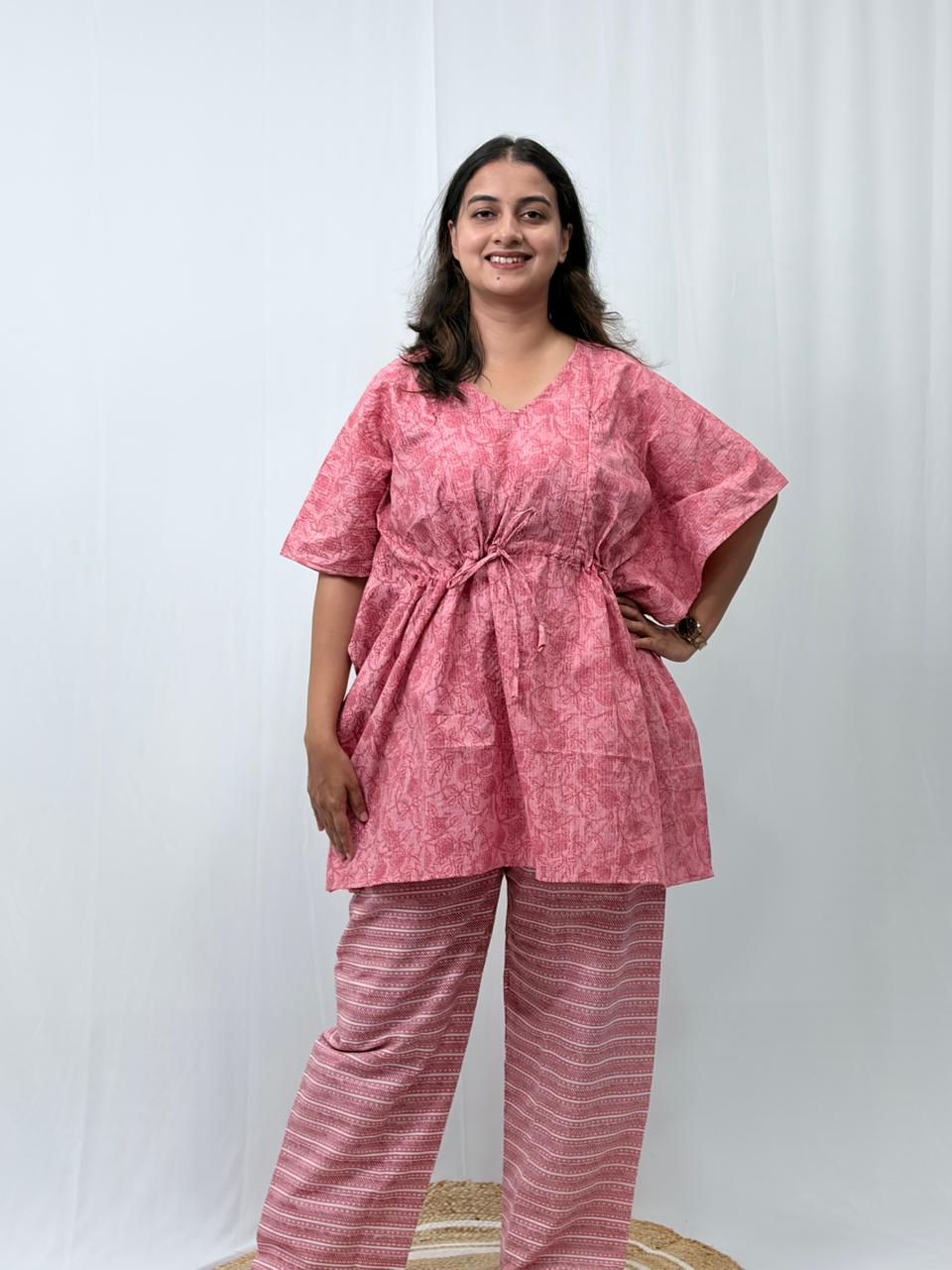 Pastel Pink Floral Printed Kantha Cotton Feeding Kaftan Loungewear Pyjama Set | Free Size
