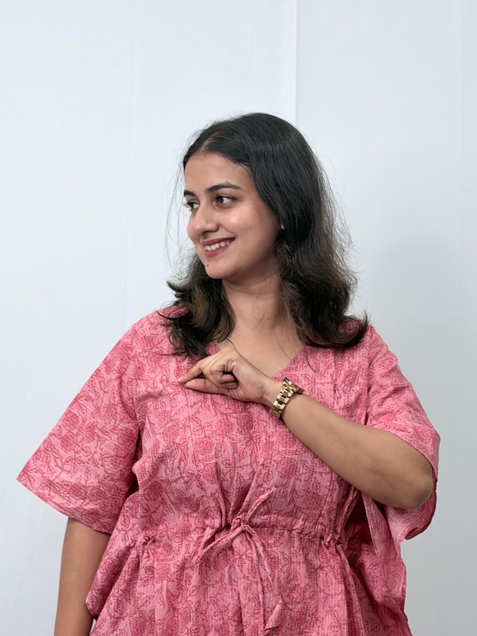 Pastel Pink Floral Printed Kantha Cotton Feeding Kaftan Loungewear Pyjama Set | Free Size