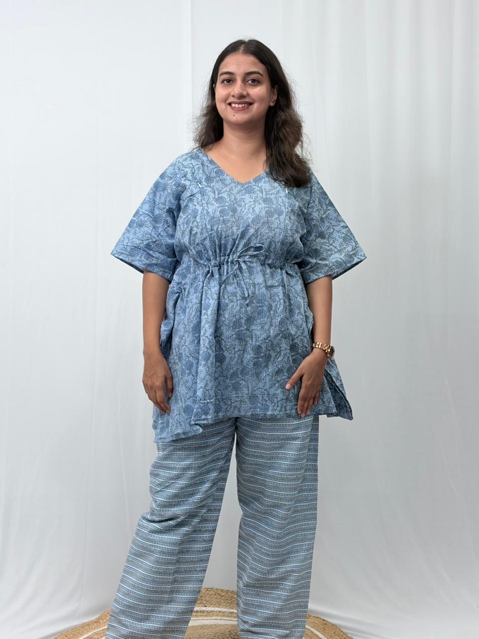 Pastel Blue Floral Printed Kantha Cotton Feeding Kaftan Loungewear Pyjama Set | Free Size