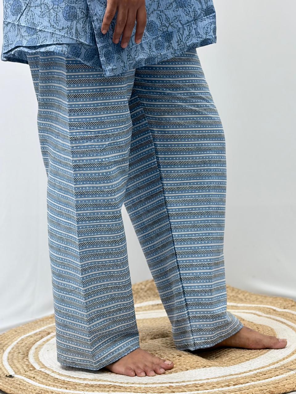 Pastel Blue Floral Printed Kantha Cotton Feeding Kaftan Loungewear Pyjama Set | Free Size