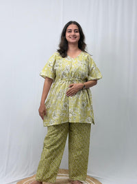 Pale Green Floral Printed Kantha Cotton Feeding Kaftan Loungewear Pyjama Set | Free Size