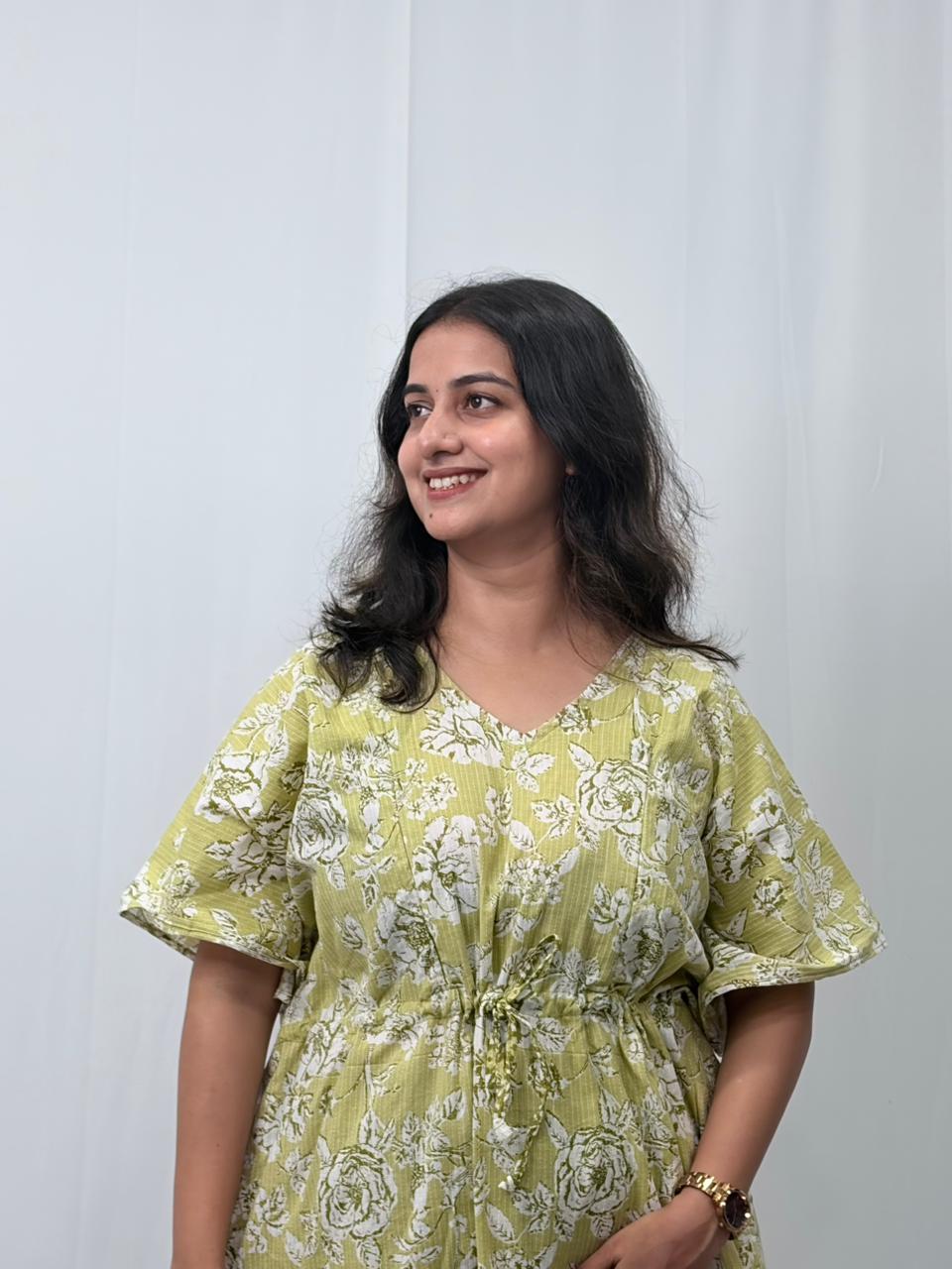 Pale Green Floral Printed Kantha Cotton Feeding Kaftan Loungewear Pyjama Set | Free Size